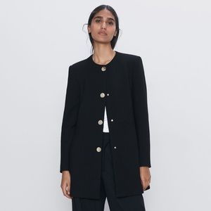 Zara Long Collarless Black Blazer XS